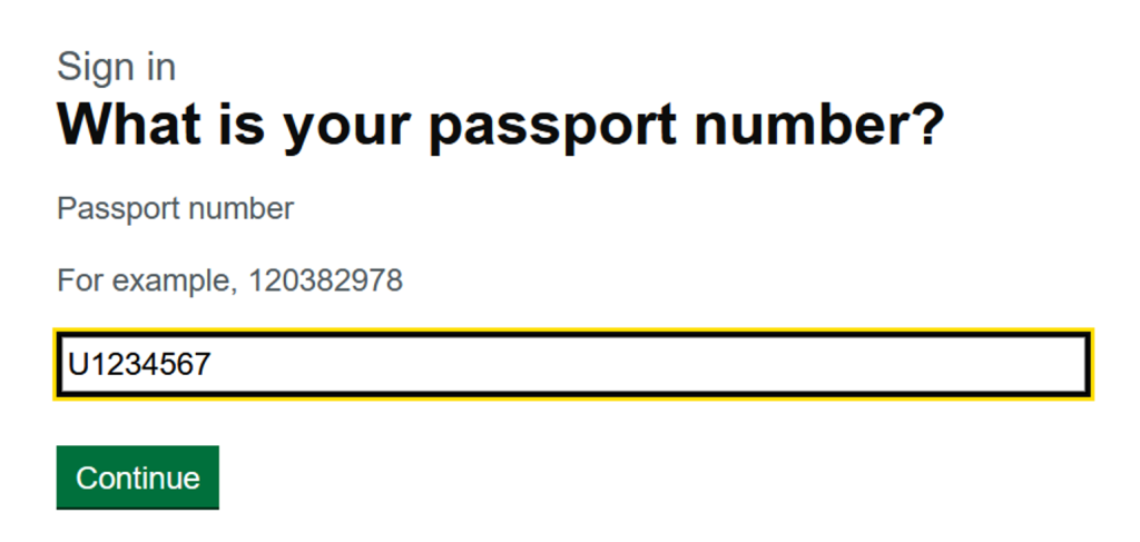 Passport number for sign in