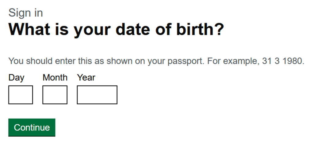 Date of birth for sign in